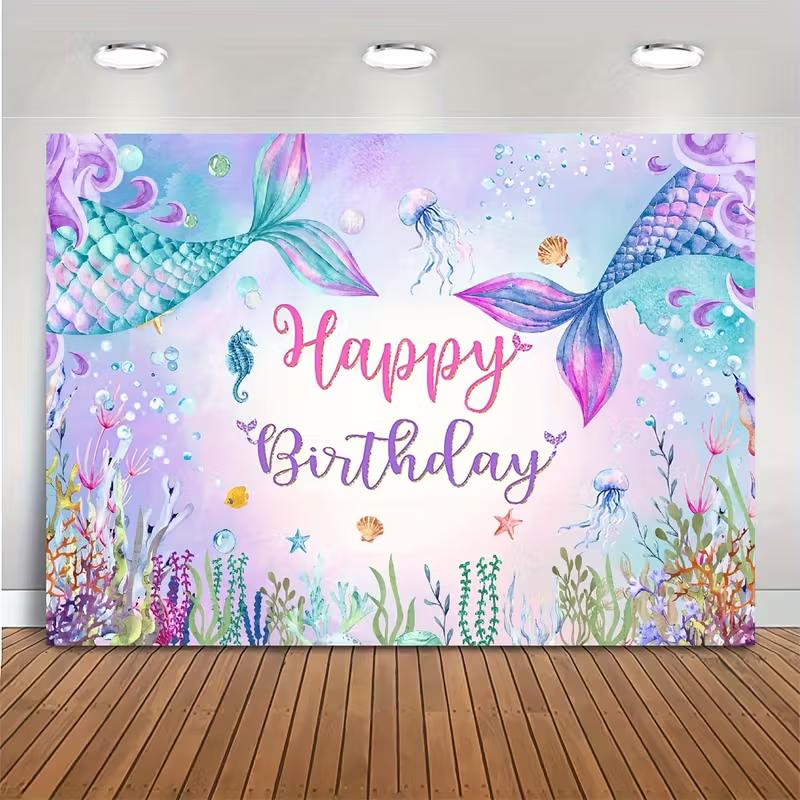 

2D Whimsical Mermaid Birthday Scene, Colorful Underwater Party Background 47.2x31.5inch/120*80cm