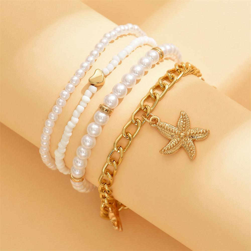 Simulated Pearl Beaded Anklet Gold Color Starfish Pendant Anklets Sets For Women Beach Jewelry Ankle Bracelet Summer Accessories