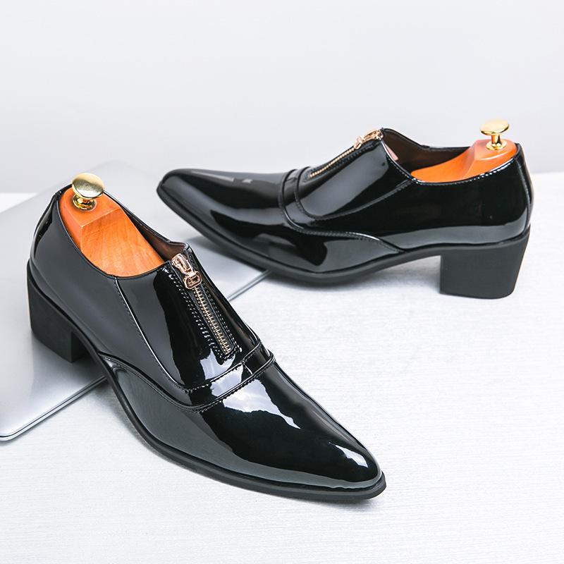 European Station Glossy Casual Leather Shoes Spring and Autumn Fashion Pointed Business Shoes Front Zipper Dress Thick Heel Heightening Shoes