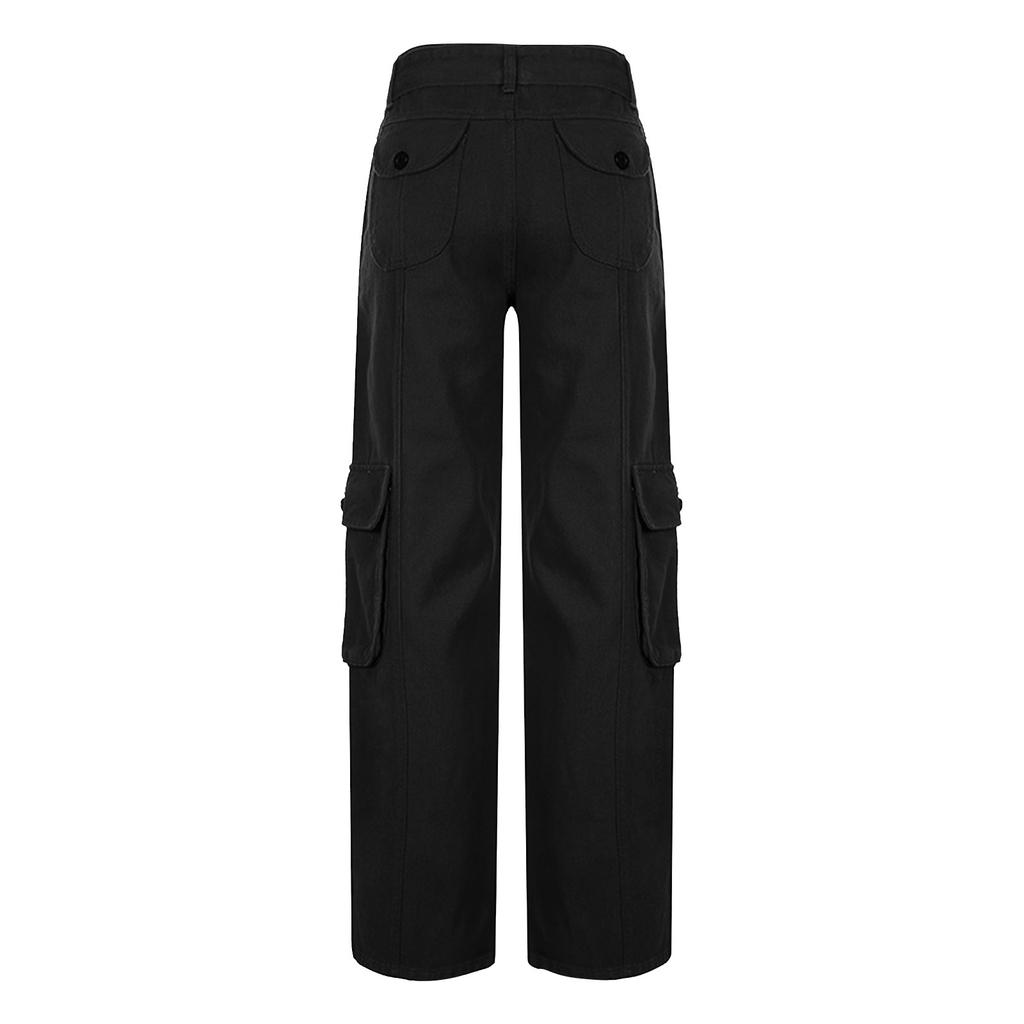 Fashion Women's Cuffed Multi-pocket Button Cargo Pants Low Waist Wide Leg Jeans
