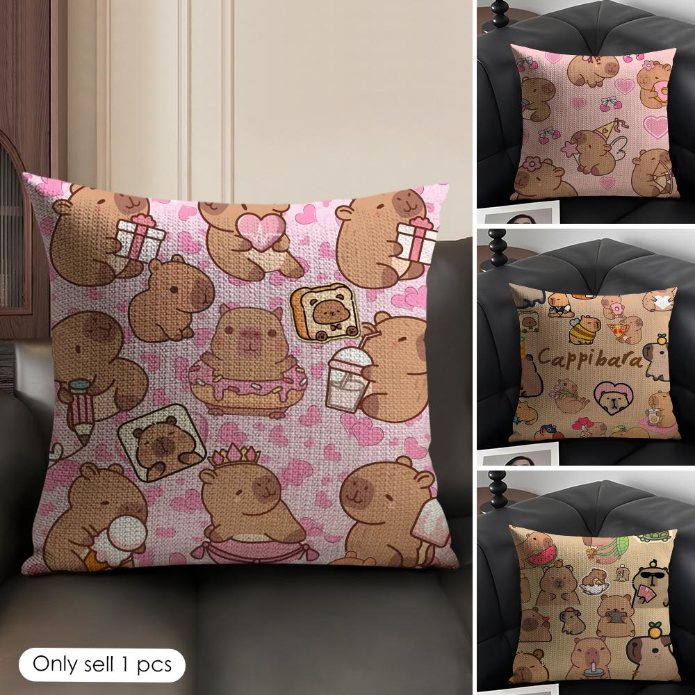 Capybara Cartoon Cute Cushion Cover Natural Linen Organic Fabric DoubleSided Printing Sofa Home Decor Gift Pillow Case