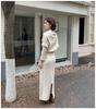 Korean Style Women's Knit Top & High Waist Skirt Set with Buttoned Waist-cinching and Loose High Neck Design