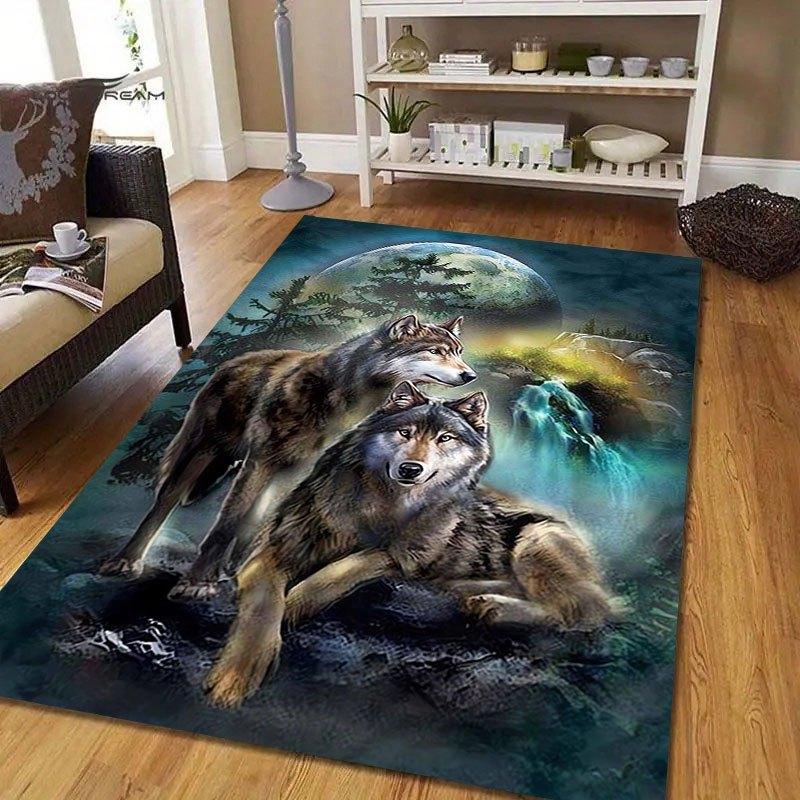 Wolf print area rug: for living room, bedroom—indoor/outdoor polyester mat, crystal velvet. Versatile for hallway, porch.
