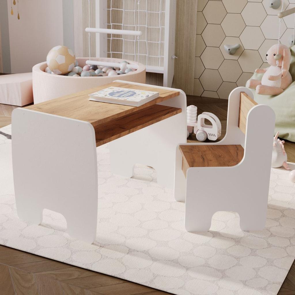 Children's Table + Chair Set - White/oak Craft Gold Color