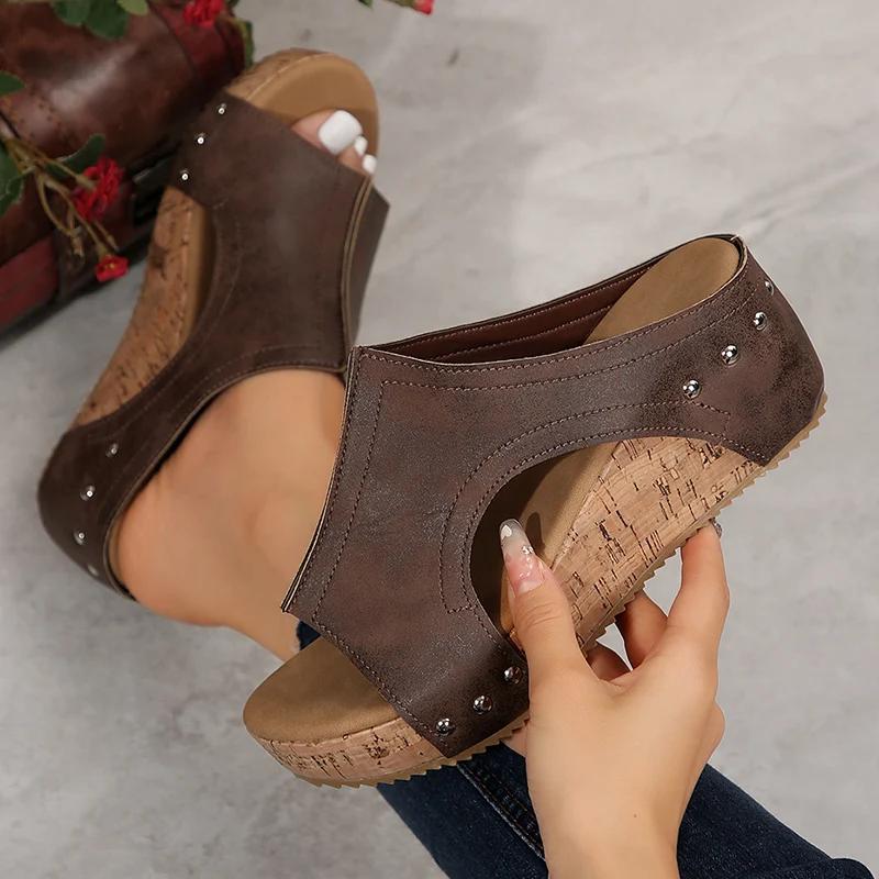 Fashion Vintage Wedge Heeled Sandals Women Peep Toe Pu Leather Thick Sole Slippers Woman Summer Comfort Platform Sandalias Mujer 2025