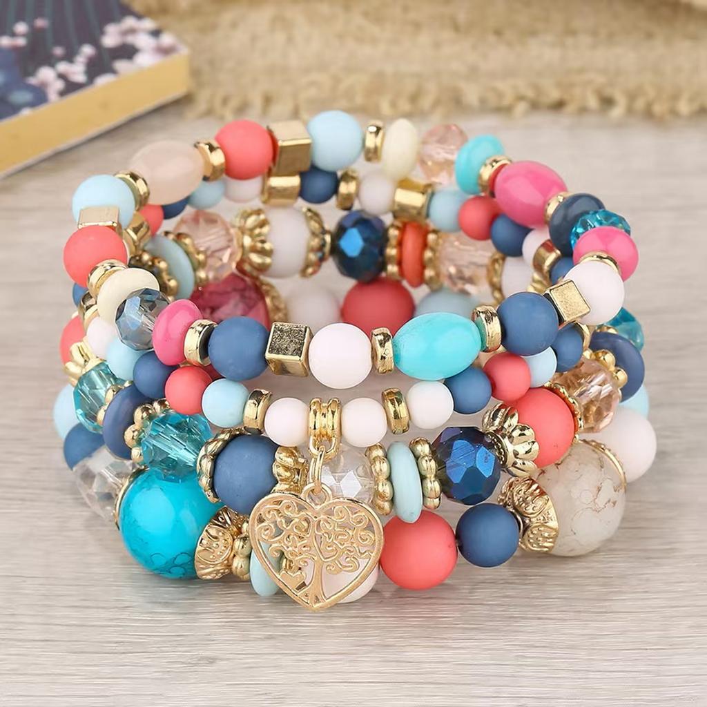 Bohemian Heart Tree Charm Bead Bracelets Set New Statement Multilayered Bracelets Pendant Charm Stretch Bangles Female Jewelry