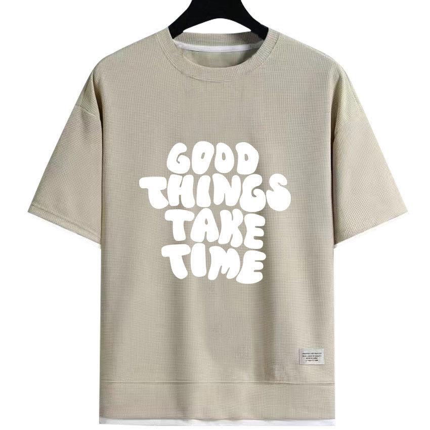 Mens T-shirt Summer Short Sleeves Waffle Tops Tee Shirt Polyester Round Neck Letter Printed Casual Tshirt Unisex Streetwear