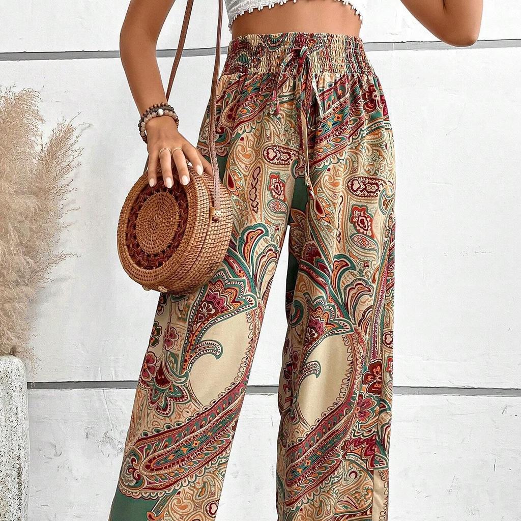 2026 New Women's Printed Wide Leg Pants, Elastic Waist Palazzo Pants for Summer, Trendy Flowy Casual & Vacation Bottoms