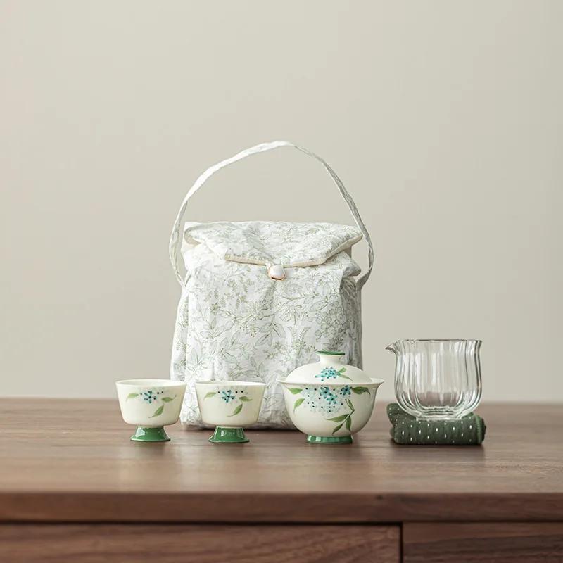 

Hand Drawn Butterflies Flower Travel Tea Set Kit Aesthetic 1 Bowl 2 Cups Tea Maker Camping Picnic Poatable Handbag Decoration