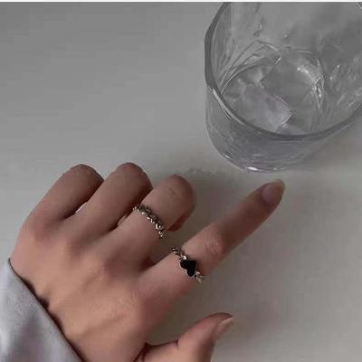 Retro Black Adjustable Love Ring - Two-Piece Niche Design For Women