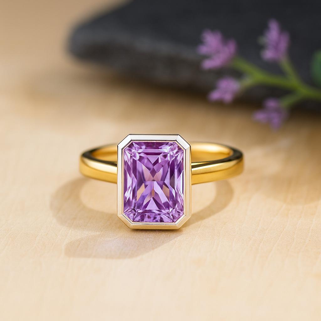 Smaragdgeschliffener Amethyst Solitärring – Gelbgold plattierte Lünettenfassung, Verlobungs-Hochzeits Schmuckgeschenk für Damen