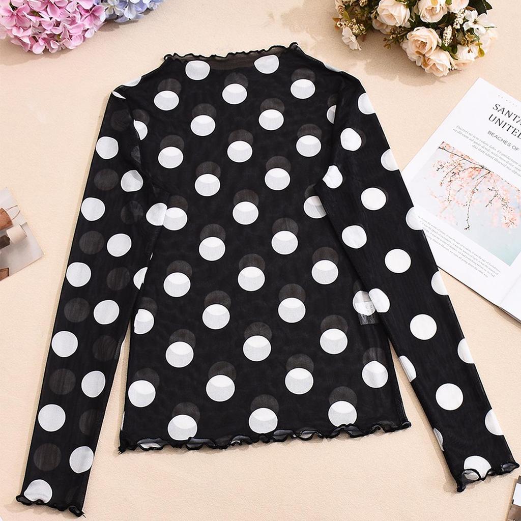 Nazada Spicy Girl Mesh Polka Dot Long Sleeve Top - Sexy See-through Half-High Neck for Early Autumn