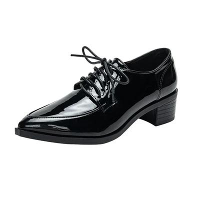 Autumn Women Heels Lace-up Derby Shoes Luxury Black Patent Leather Lady Work Shoes Fashion Pointed Toe Square Heels Thin Shoes