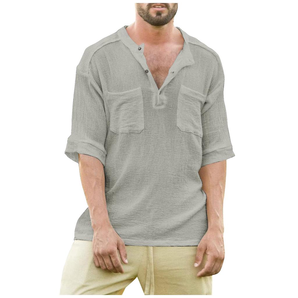 Men's Summer Loose Casual Cotton Linen Short Sleeve Top Color Short Sleeve T-Shirt