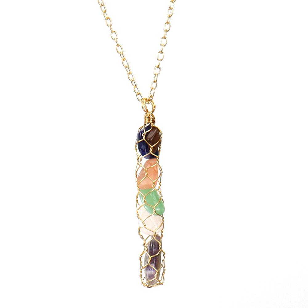 Hand-Wound Natural Gravel Crystal Amethyst Agate Mesh Pocket Pendant Necklace N721