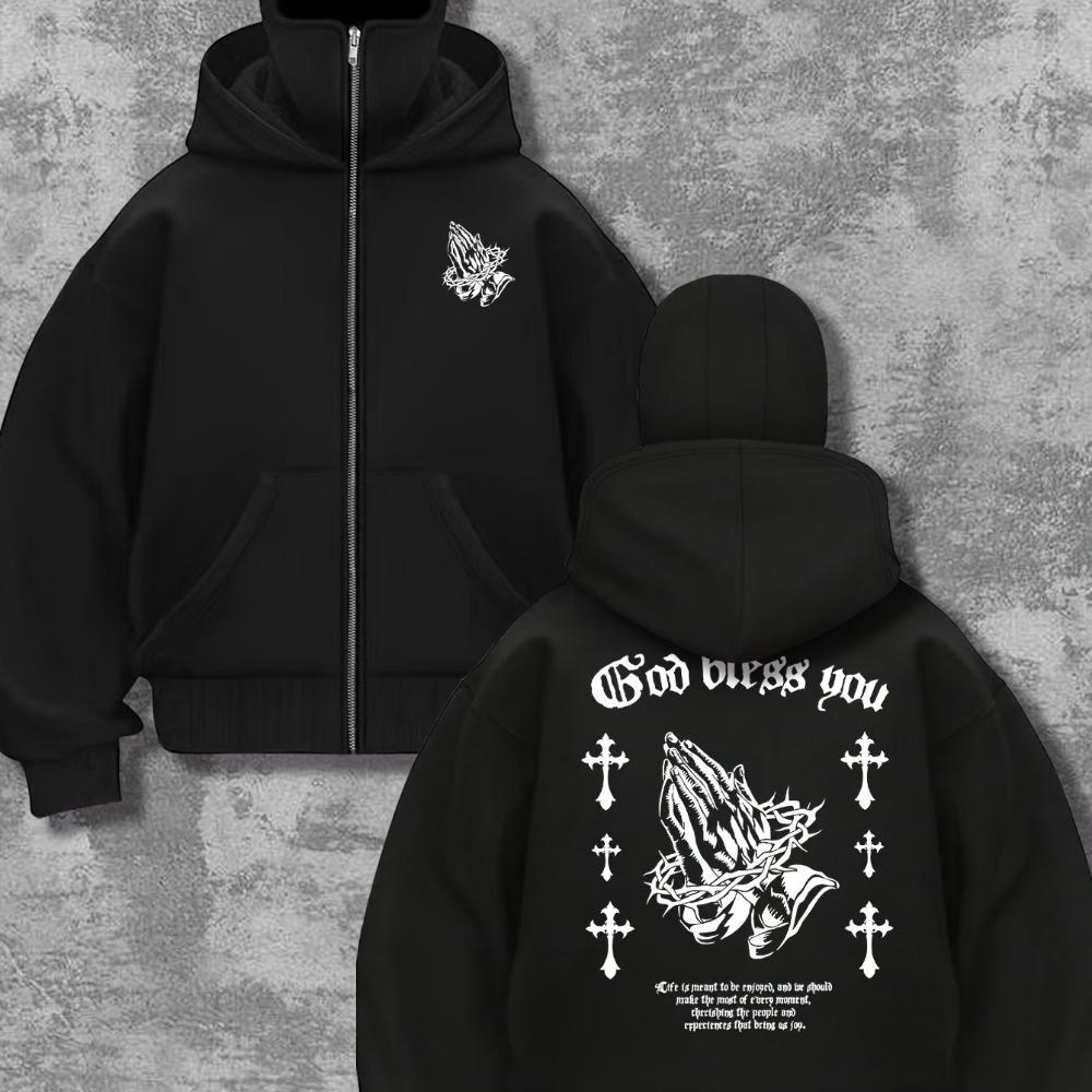 Double Hat, Double Neck Men's and Women's Fashionable Street Style Hooded Sweatshirt with Printed Zipper Pattern Sweatshirt