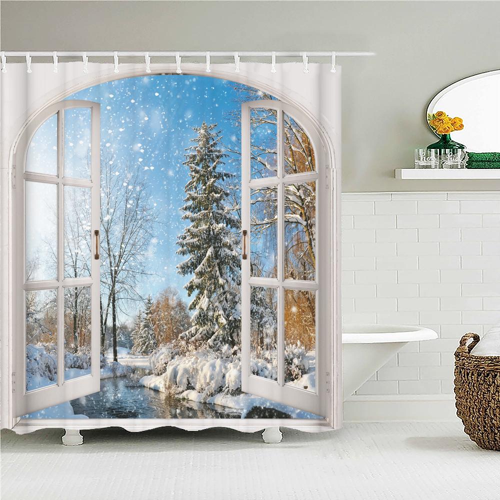 3D Printed Winter Snow Scenery Bathroom Shower Curtain Waterproof Polyester Home Decor With Hook Shower Curtain 180*200Cm