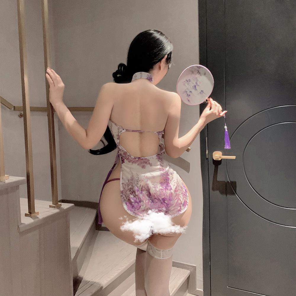 Pure desire purple sexy neck hollowed out curtain dream classical printing cheongsam temptation