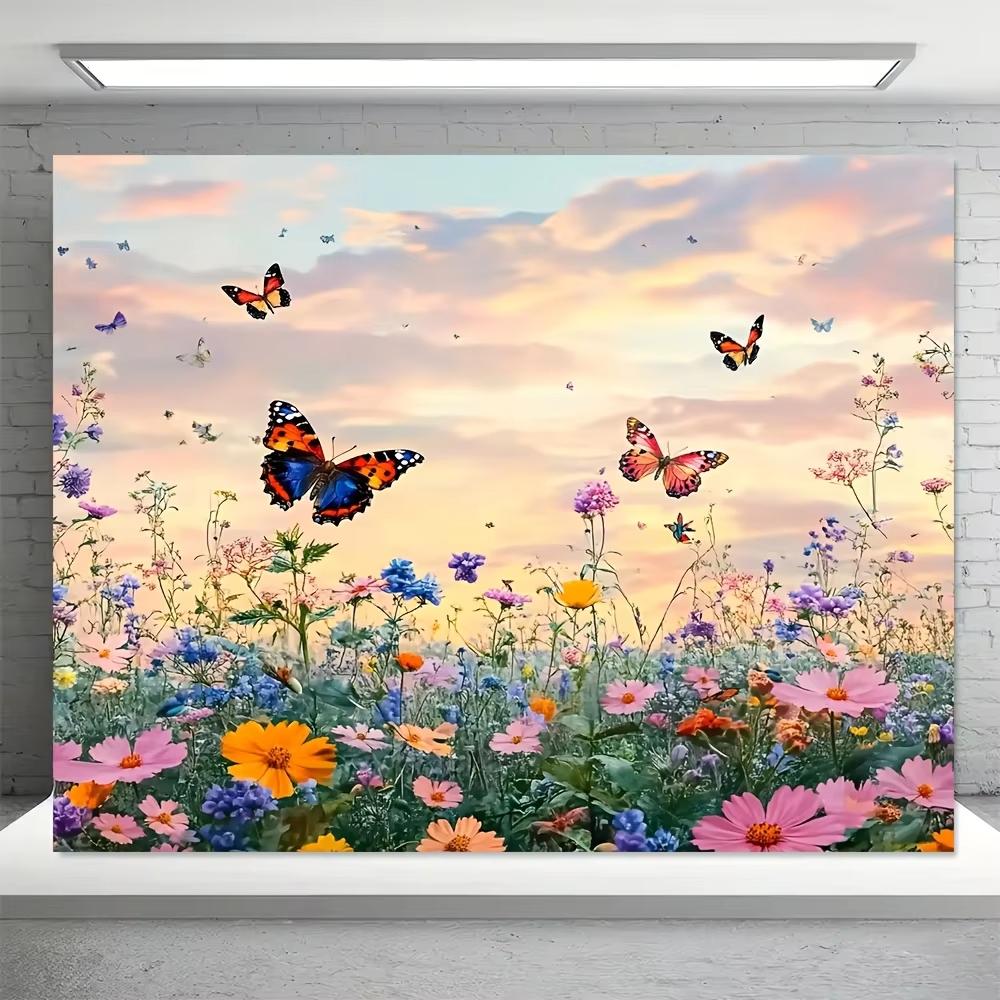 

VIKAMA Pink Cosmos Purple Flower Sea Butterfly Tapestry Small Flowers Living Room Feature Wall Decorative Hanging Canvas 74x94cm(29x37in)