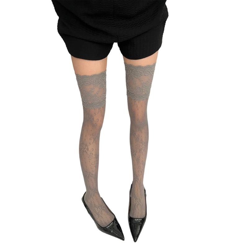 Women s Stretchable Nylon Over Knee Socks With Vintage Floral Lace Trim Fishnet Design Comfortable Thigh High Stockings