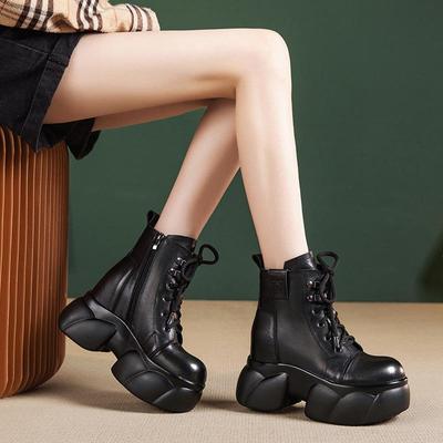 Women's Genuine Leather Platform Martin Boots with Chunky Wedge Heels – Height-Enhancing Ankle Boots for Autumn and Winter