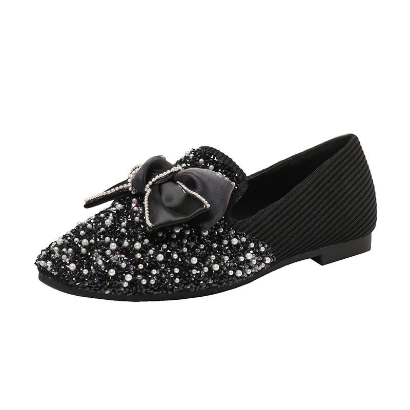 Pantofi de damă cu talpă plată, pantofi noi de damă, pantofi simpli cu fundă, pantofi delicați cu strasuri și perle pentru
