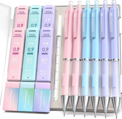 Four Candies Mechanical Pencil Set 6 Cute Pencils and 360 Lead 3 Pastel Erasers and 9 Eraser Aesthetic School Supplies for 0.9mm - HB/2B Refills,