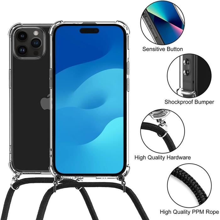 Coque pour iPhone 15 Pro Max - Antichoc - Transparente - Cordon Rouge - Souple - Mixte