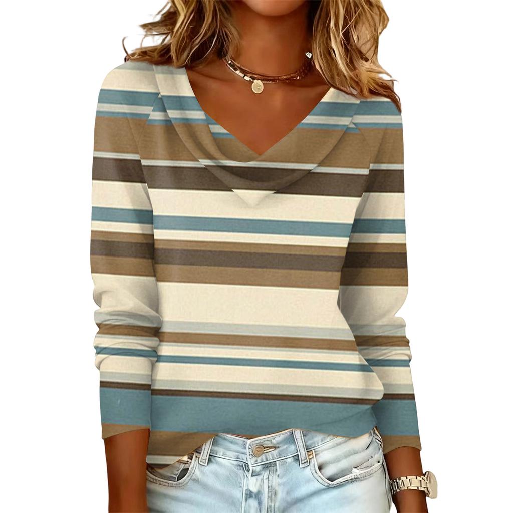 Damen gestreift bedrucktes lässiges und modisches Langarm-Pullover-Oberteil