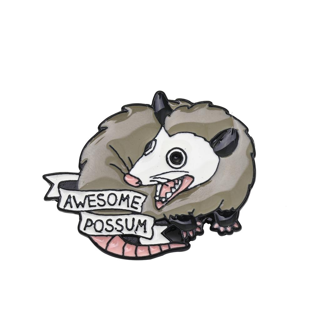 Funny Awesome Possum Shaped Brooches Grey Enamel Fierce Opossum Pins Animal Badge
