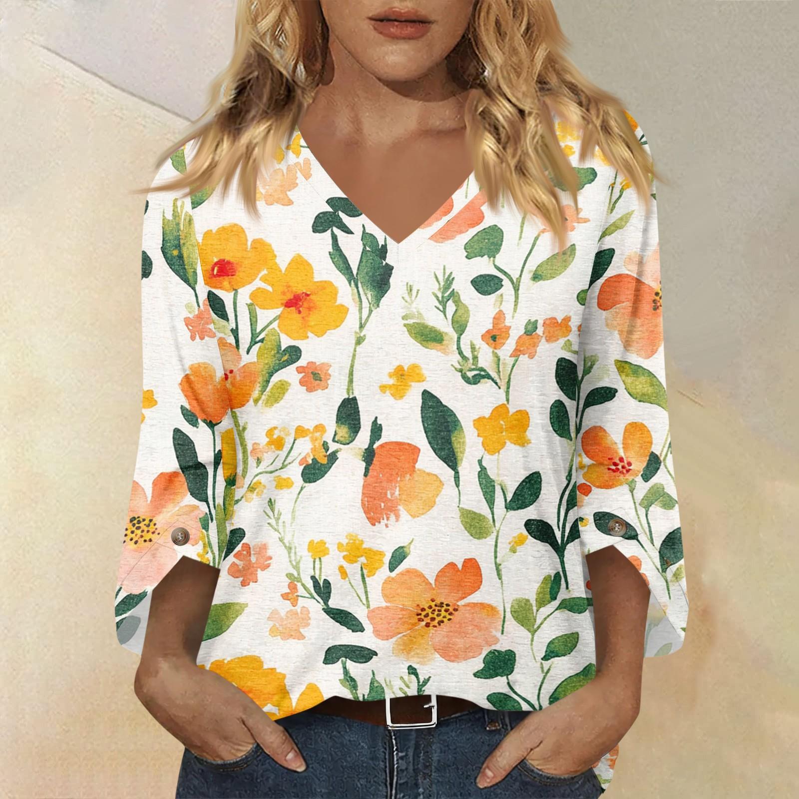 

Women’s V Neck 3/4 Sleeve Top with Floral Print Loose Fit Blouse Casual Pullover Lightweight Soft Material Comfortable Wear M жёлтый