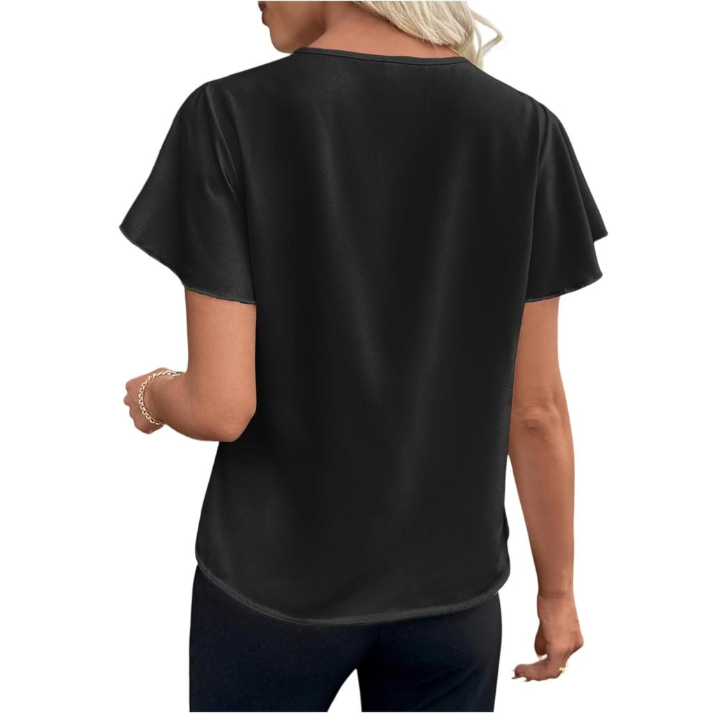 Fashionable Women's Ruffle Sleeves, Fashionable And Elegant V-neck Pleated Color Short Sleeved Shirt