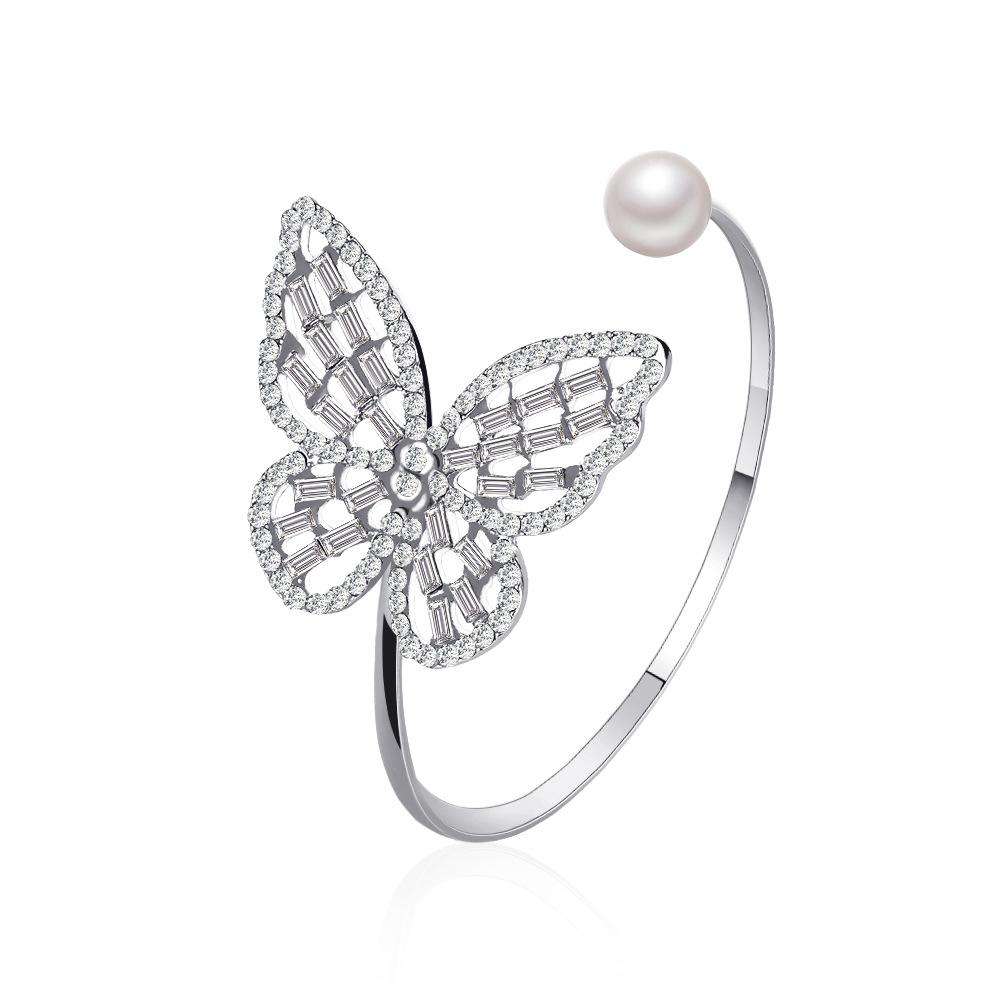 Hollow Butterfly Inlaid Open Cuff Bangle Single Pearl Decor Elegant Women Wrist Jewelry for Daily Party Matching