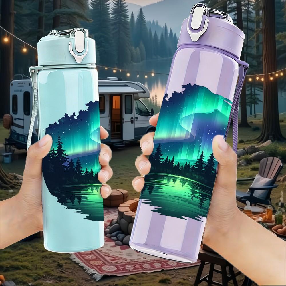 1PC Aurora Borealis Night Sky Scenery Print 750ml Color Plastic Sports Water Bottle Leakproof Flip Straw Lid Suitable for Sports Office Home Use