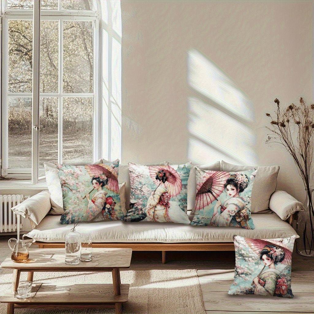 Japanese Geisha Pillowcase, Cherry Blossom & Umbrella Design, Oriental Home Decor Cushion Cover