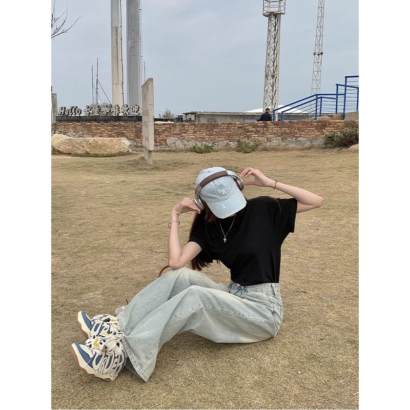 Shoulder Pure Color Basic Bottoming Shirt Ins Short Sleeve T-shirt