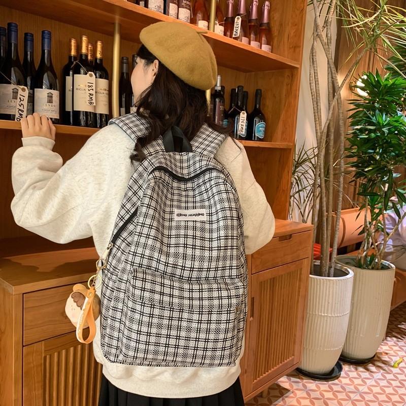 Checkered Letter Pattern Student Casual Backpack With Plush Pendant For Casual Travel