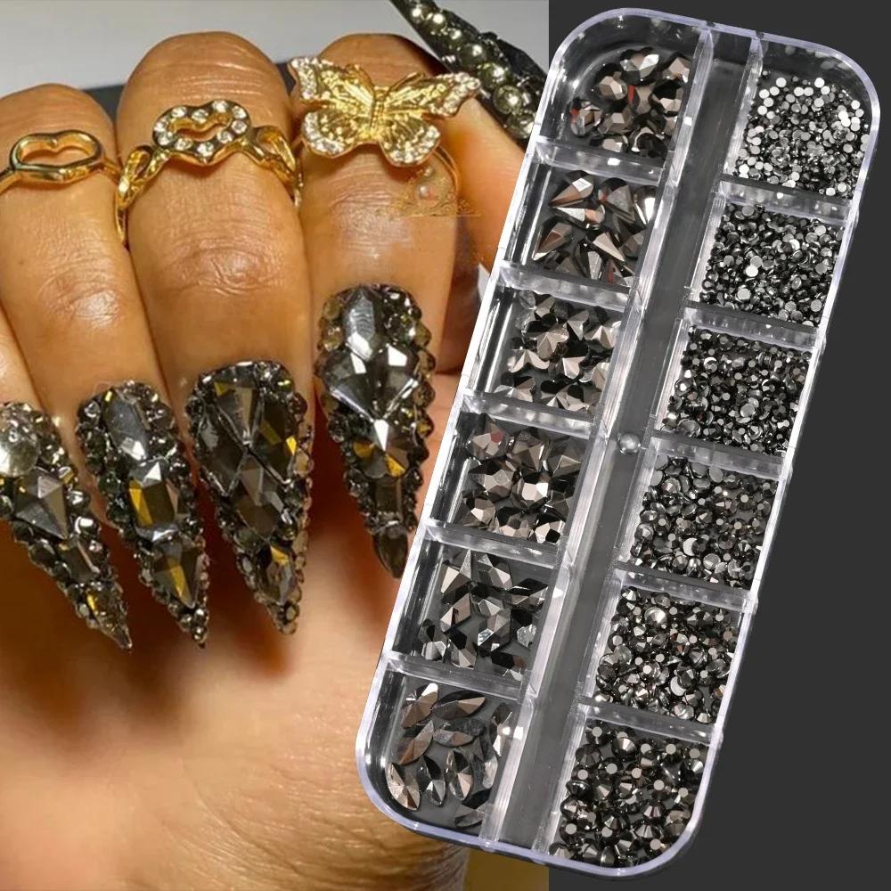 12Grids Pink Mixed Nail Rhinestones Luxury Nail Charms Glitter Crystal Jewelry Gems Nail Art Decoration DIY Manicure Rhinestones
