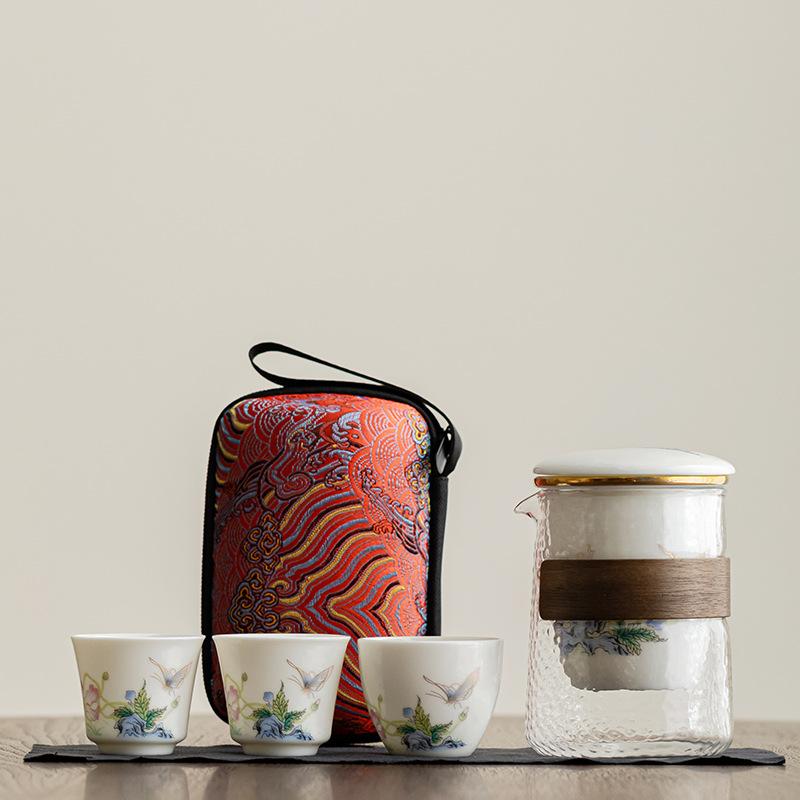 Travel tea set, simple outdoor tea making, kung fu small set, portable glass filter, one pot of three cups of express