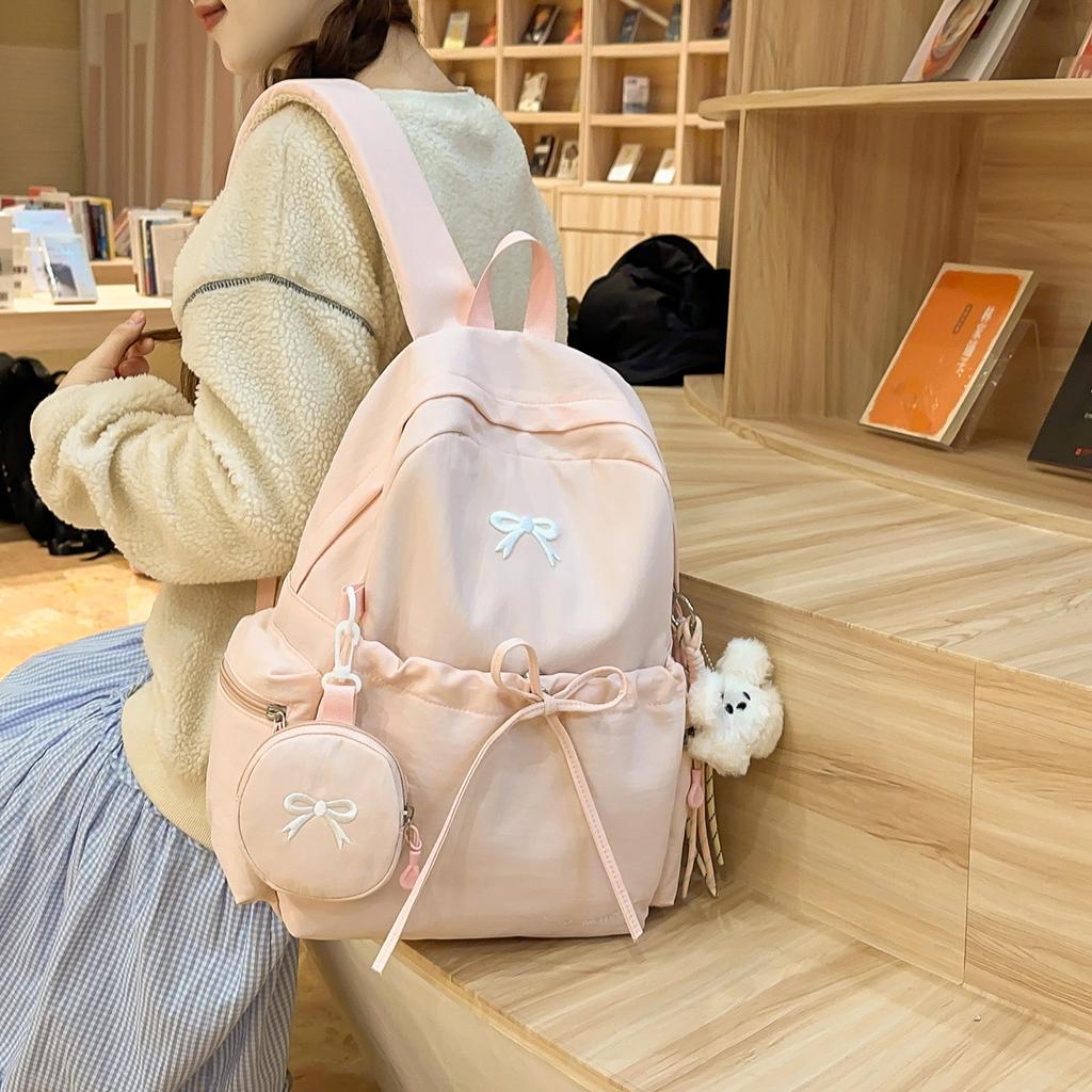 Schoolbag Korean Version Solid Color Backpack Girls Simple Large Capacity Bow Student Schoolbag Fashionable Versatile Casual Backpack