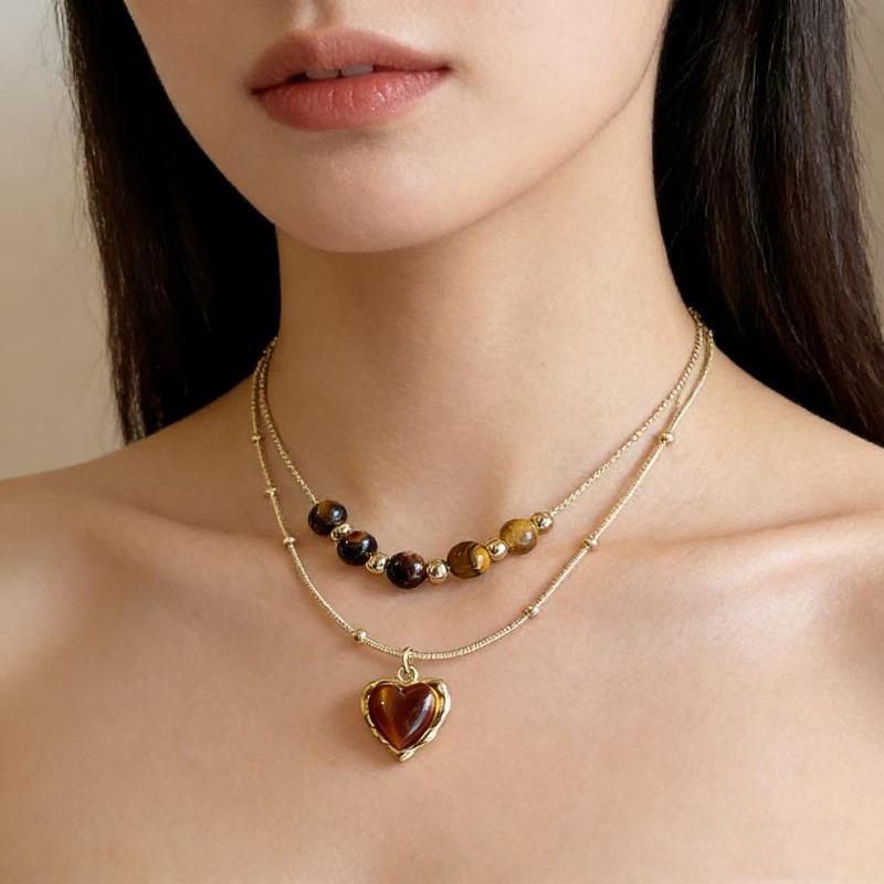 Tiger-eye Stone Necklace - Vintage Beaded Sweater Chain - Women's Small-scale Luxury High-end Style Pearl Neck Chain