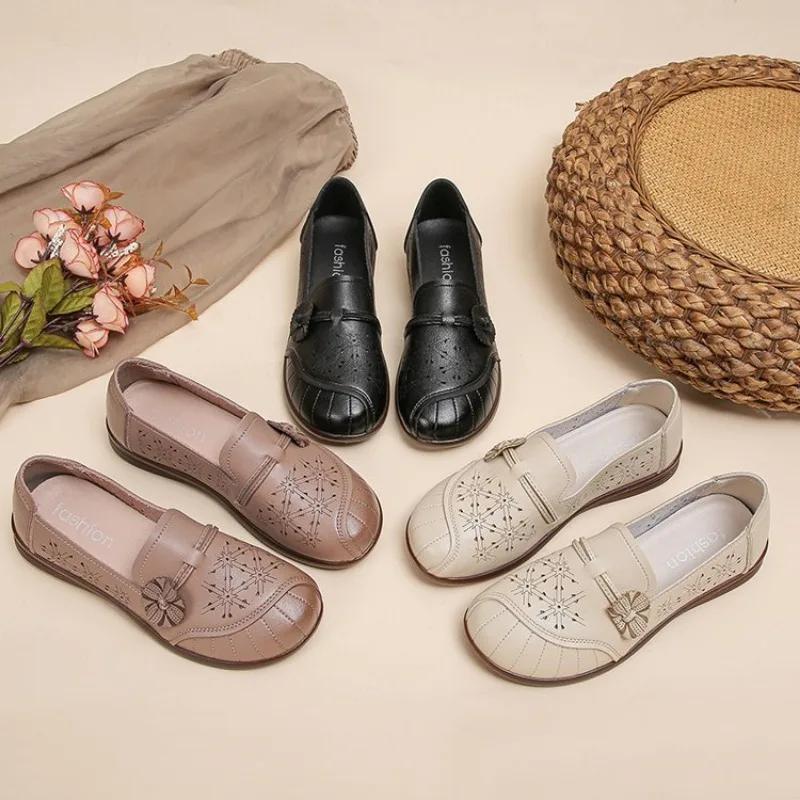 Fashion 2024 Flowers Hollow Moccasins Mother Ladies Designer Ballet Flats Summer Woman Leather Loafers Retro Style Women's Shoes