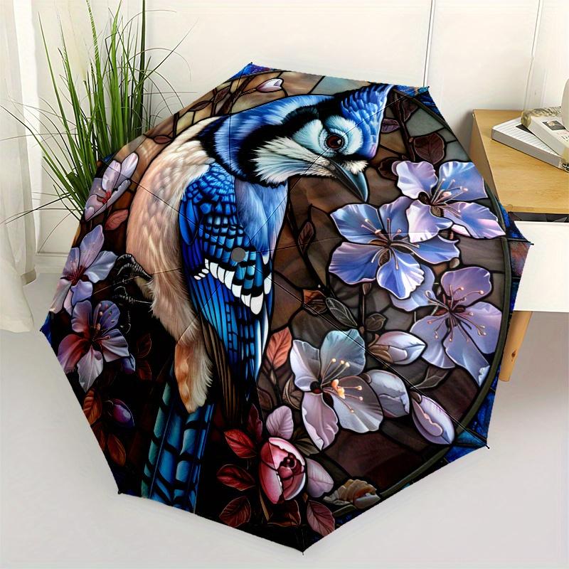 

Stained Glass Blue Jay with Flowers Wall Art Decor Umbrella, Cute Umbrella with Cute Design, Portable 3-Fold Compact Umbrella for Men & Women, Valenti