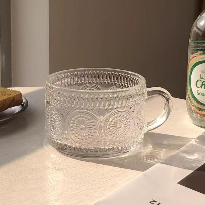 Sunflower Embossed Oatmeal Bowl with Handle & Spoon - Large Capacity Glass Milk & Cereal Bowl