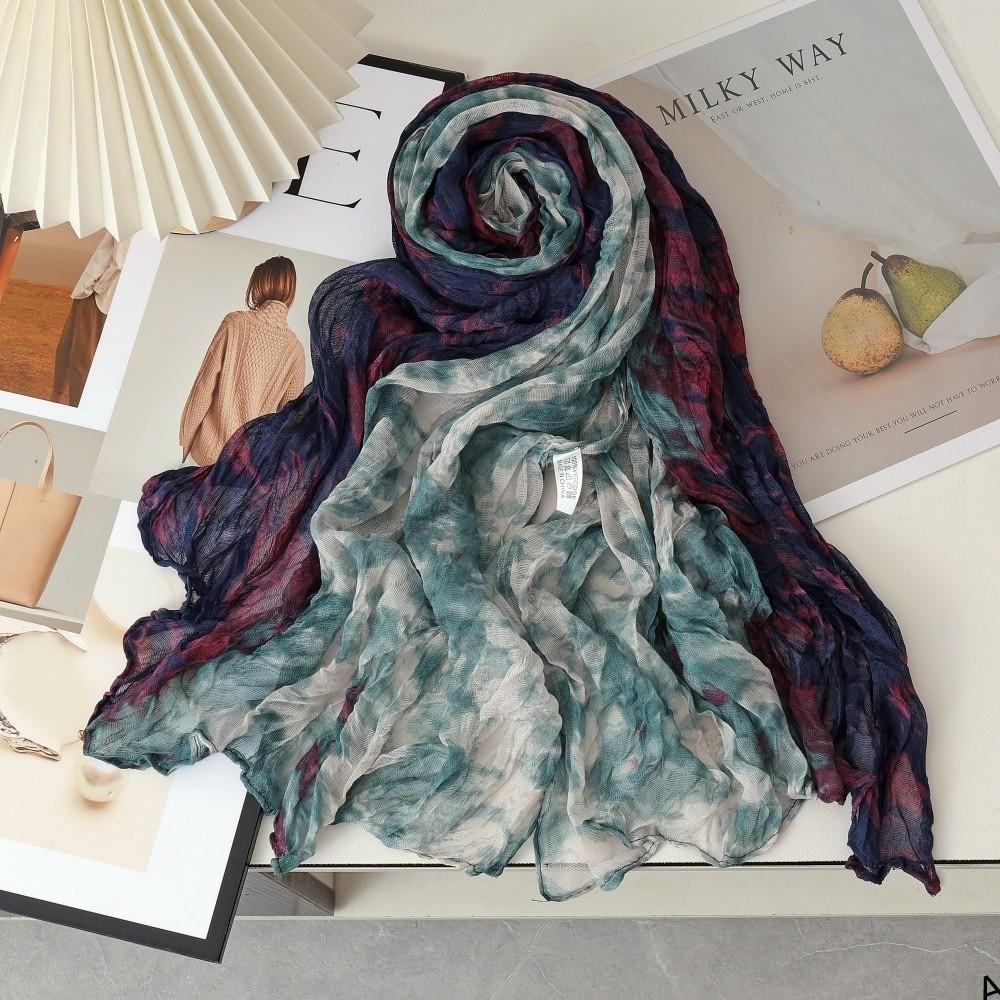 Tie Dye Gradient Cotton Linen Scarf Vintage Retro Pleated Printed Scarf Luxury Brand Designer Long Shawl Wrap For Autumn Winter