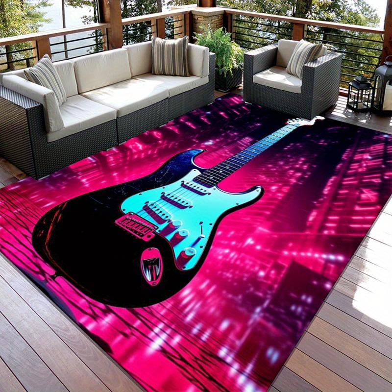 Crystal Velvet Guitar Print Non-Slip Floor Mat Vibrant Electric Guitar Design Polyester Large Size Carpet