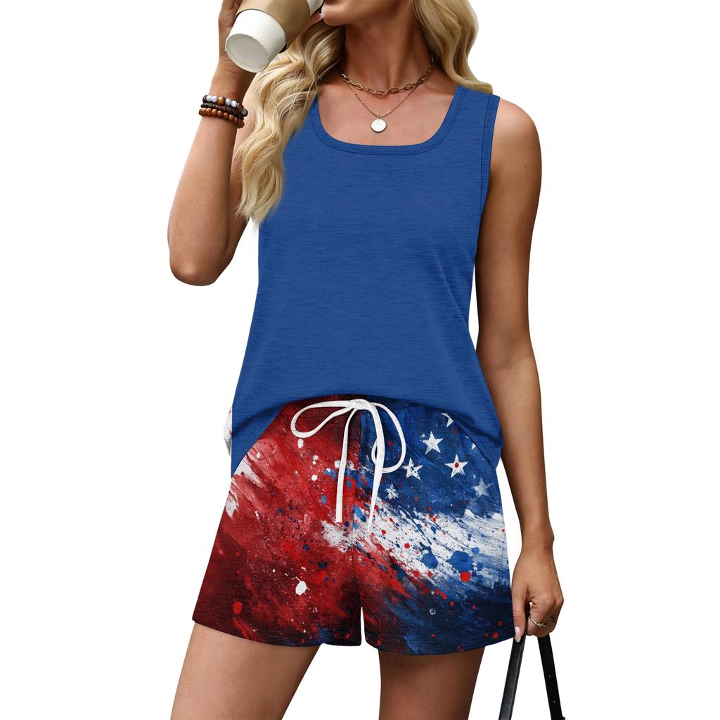 Women Summer Casual Two Piece Set Sleeveless Tank Top Square Neck and Shorts with Pockets Lightweight Lounge Wear