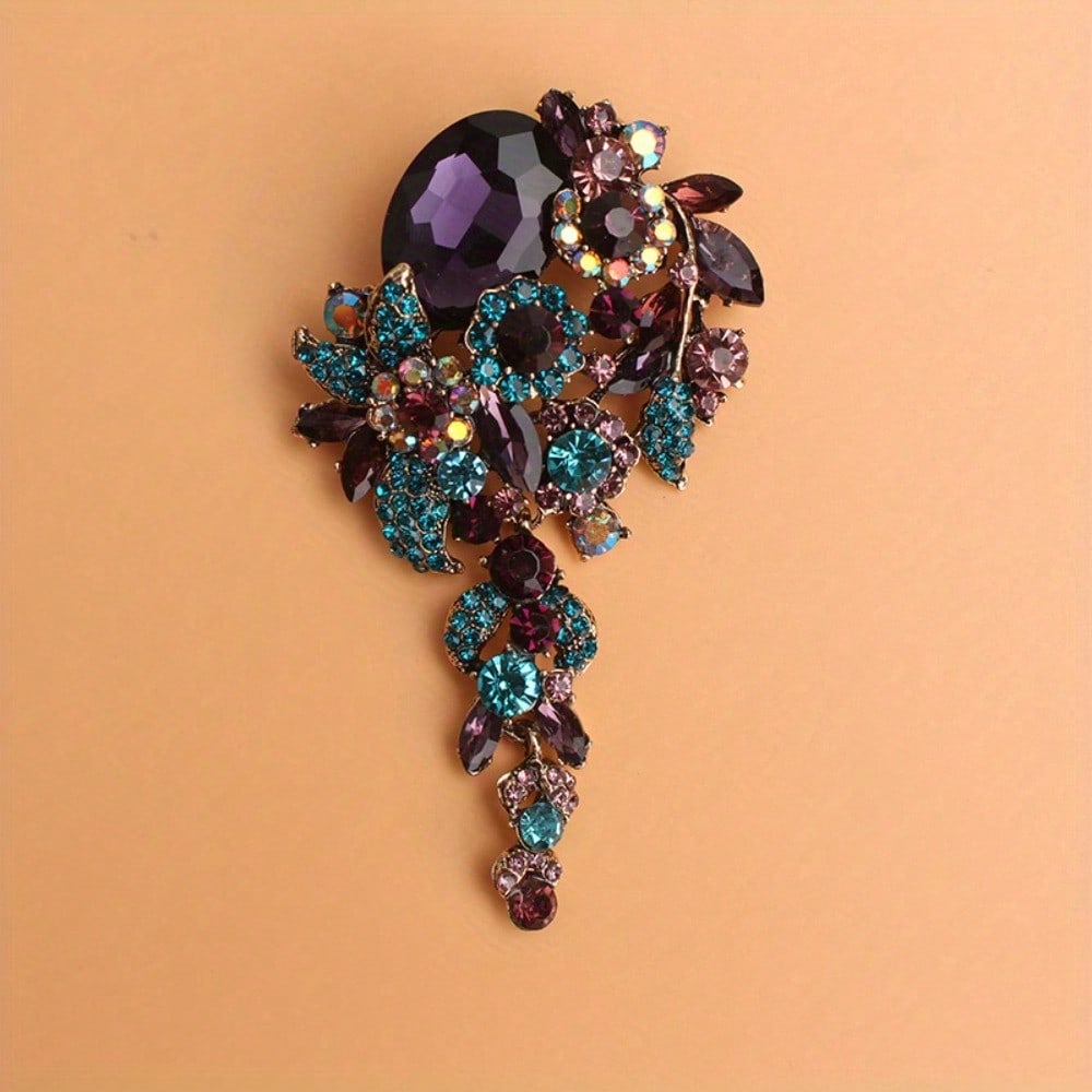 

1pc Purple & Turquoise Crystal Brooch & Pin Jewelry - Gorgeous Inlaid, Retro Elegant, Exquisite Craft, Perfect for Scarves/Bags. фіолетовий