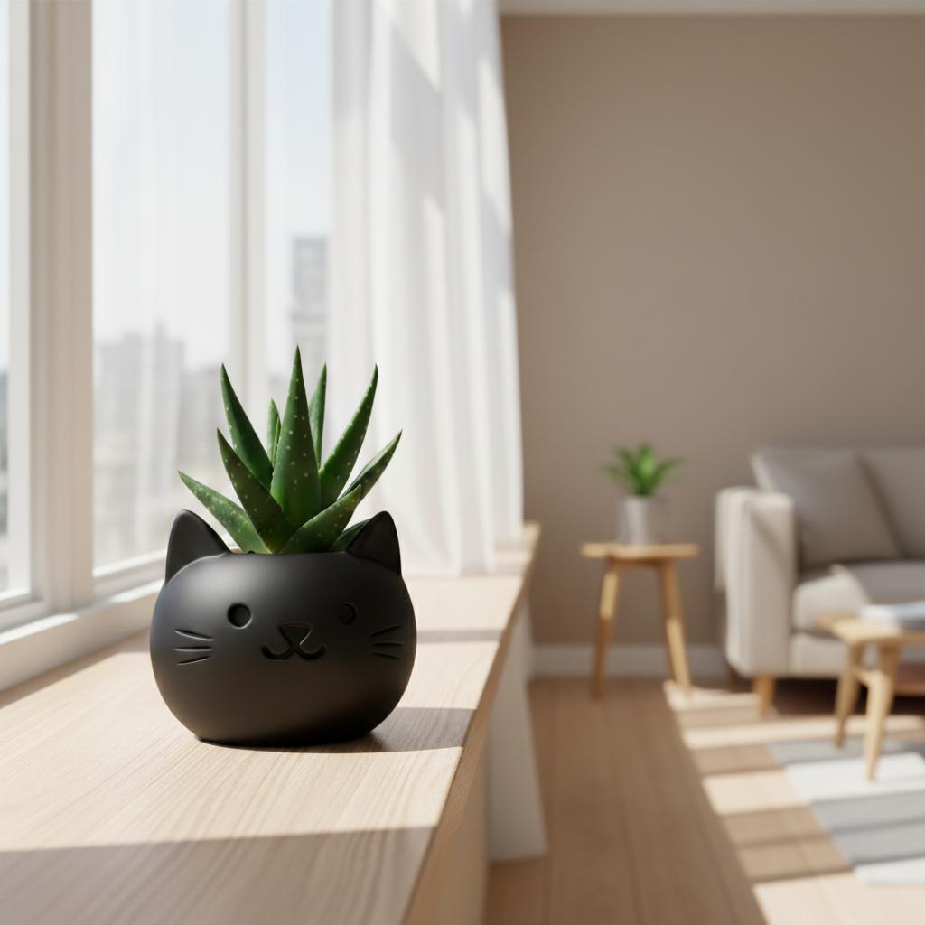 A Decorative Black Cat-shaped Flowerpot, Perfect for Succulents.