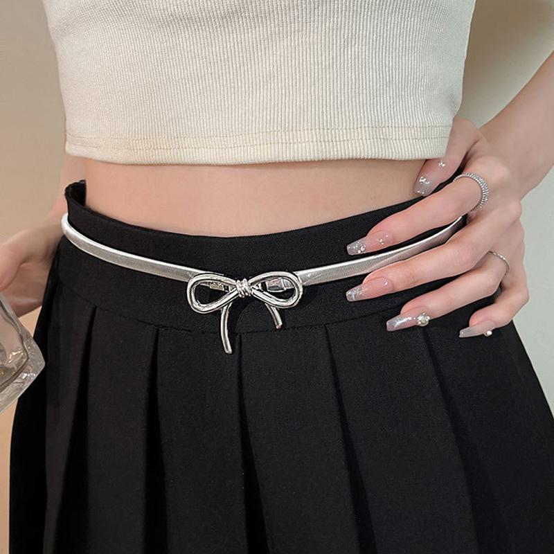 Y2K Metal Bowknot Knot Belt Elastic Force Adjustable Women Sweet Vintage Belt Skirt Pants Accessories Girl Metal Waist Chain